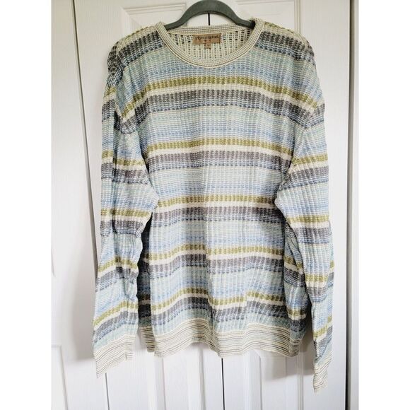 Tricots St Raphael L Sweater Men's Large Crew Neck Striped Neutral‎ Colors Vtg - Picture 1 of 6